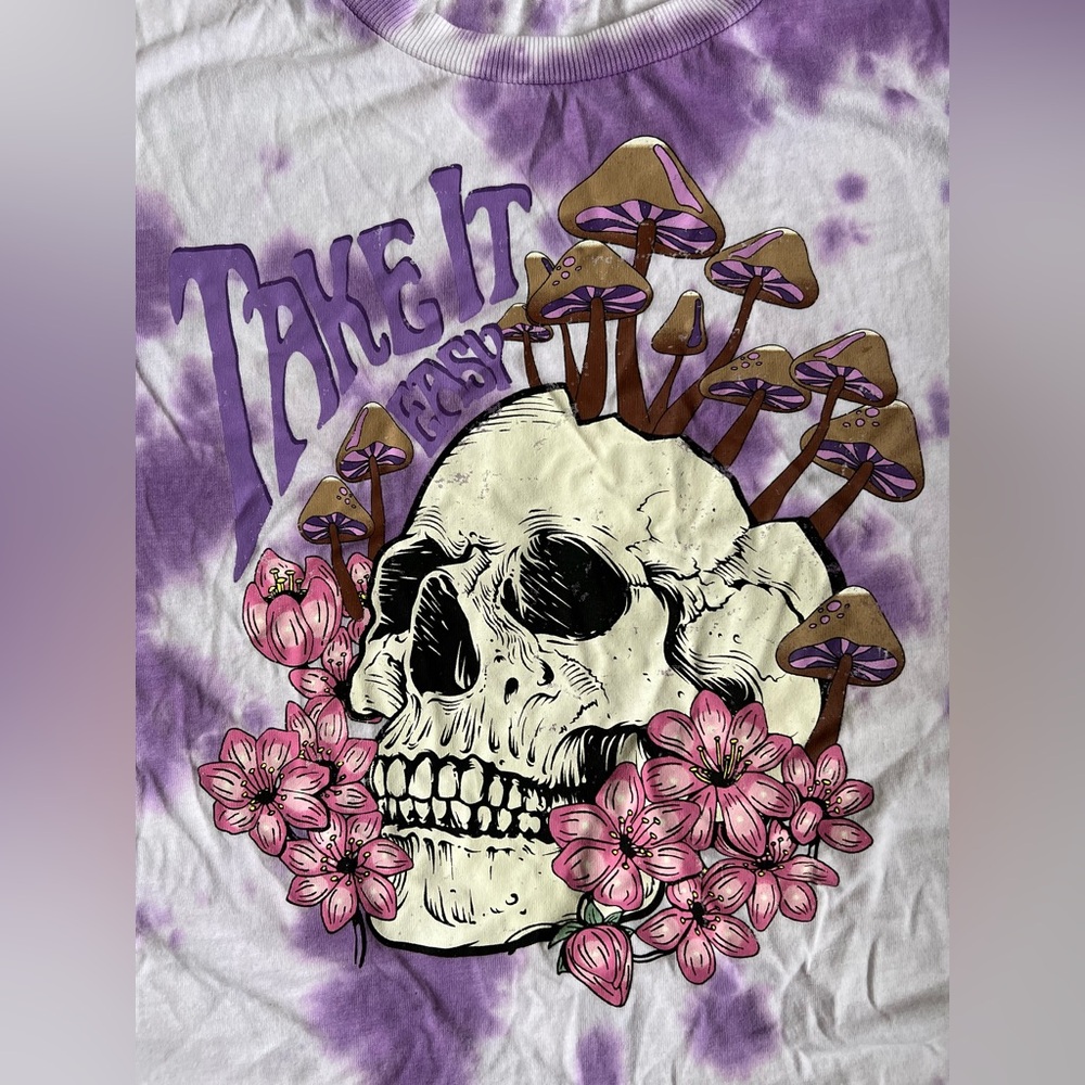 Take It Easy Skull and Mushrooms Graphic Tie Dye TShirt EUC - Picture 2 of 7